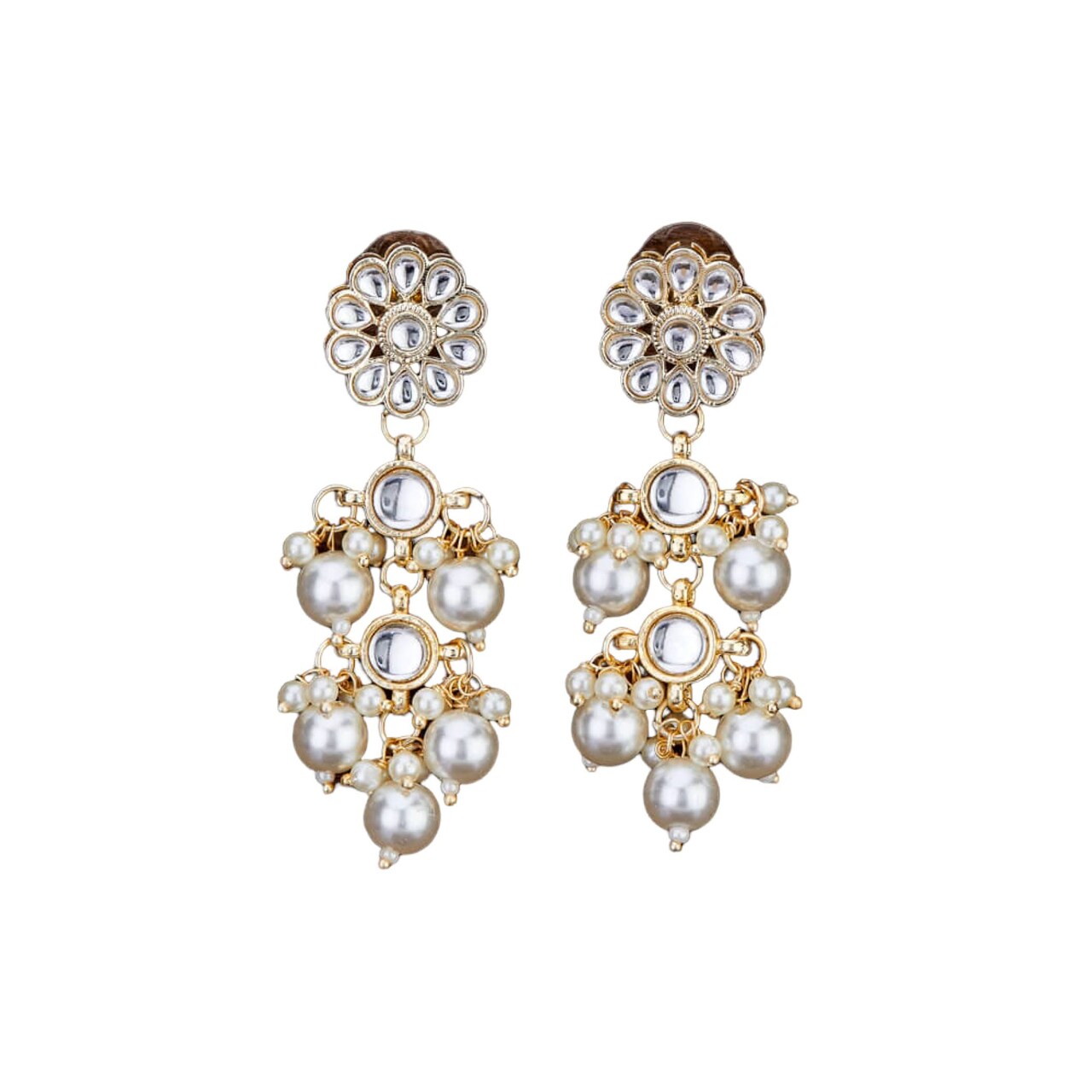 Indian Jhumka Earrings for Women - Large Floral Kundan Faux Pearls Drop Chanbali Earrings Indian Jhumki Ethnic Beaded Bollywood Style Dangle Earrings Jewelry for Bride Birthday Gift for Her